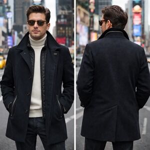 Paul & Shark Royal Cashmere Peacoat Italy Black Leather Trim Removable Vest 50